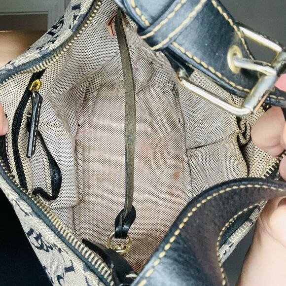 DOONEY & BOURKE Gray DB Print Hobo Purse Black Leather Handle Shoulder - Picture 5 of 8